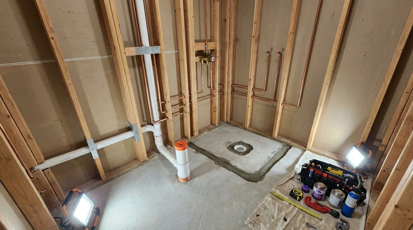 Bathroom rough-in plumbing during remodel by Johns Plumbing LLC in Pilot Mountain
