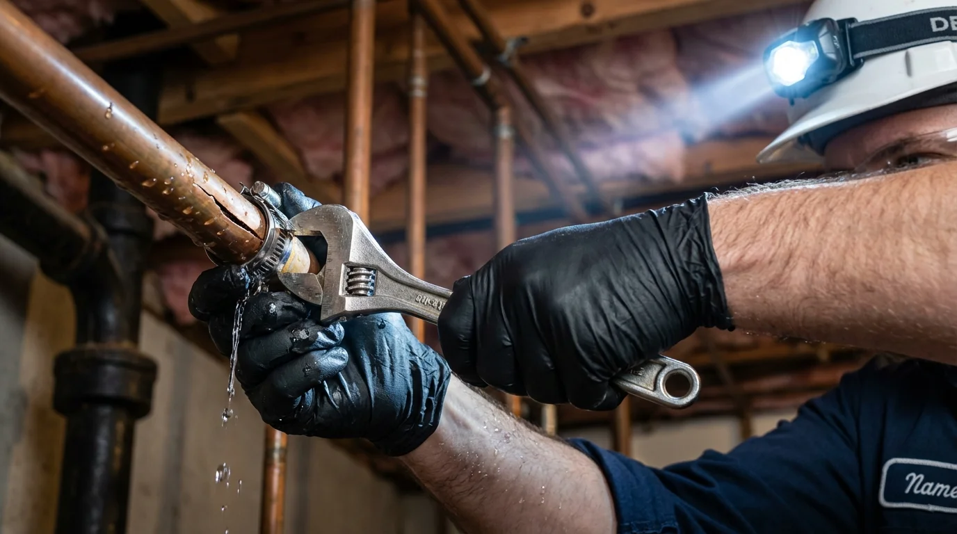 Emergency pipe clamp repair being performed by a Johns Plumbing LLC plumber in Pilot Mountain