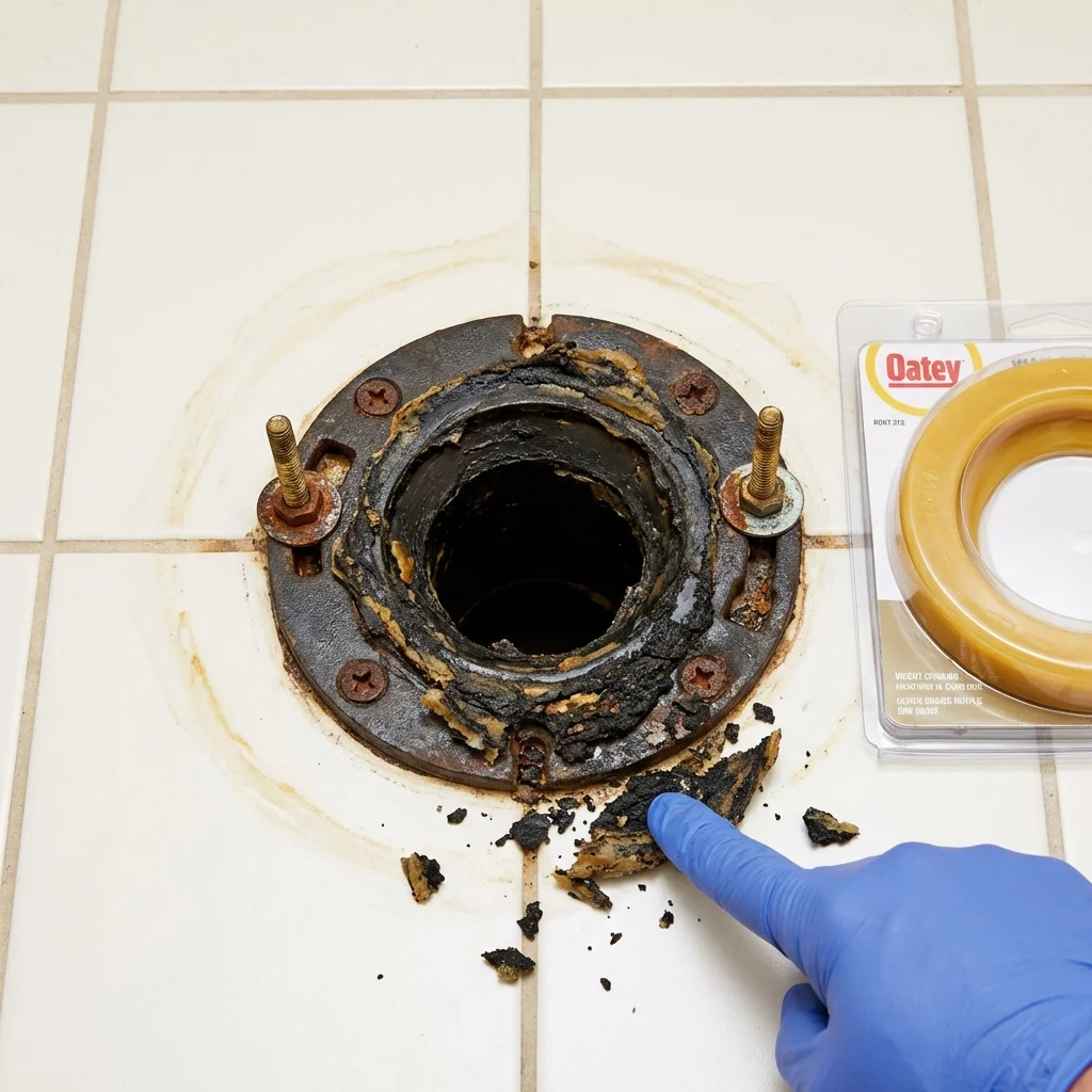 Failed wax ring showing water seepage at the base of a toilet in a Pilot Mountain, NC home