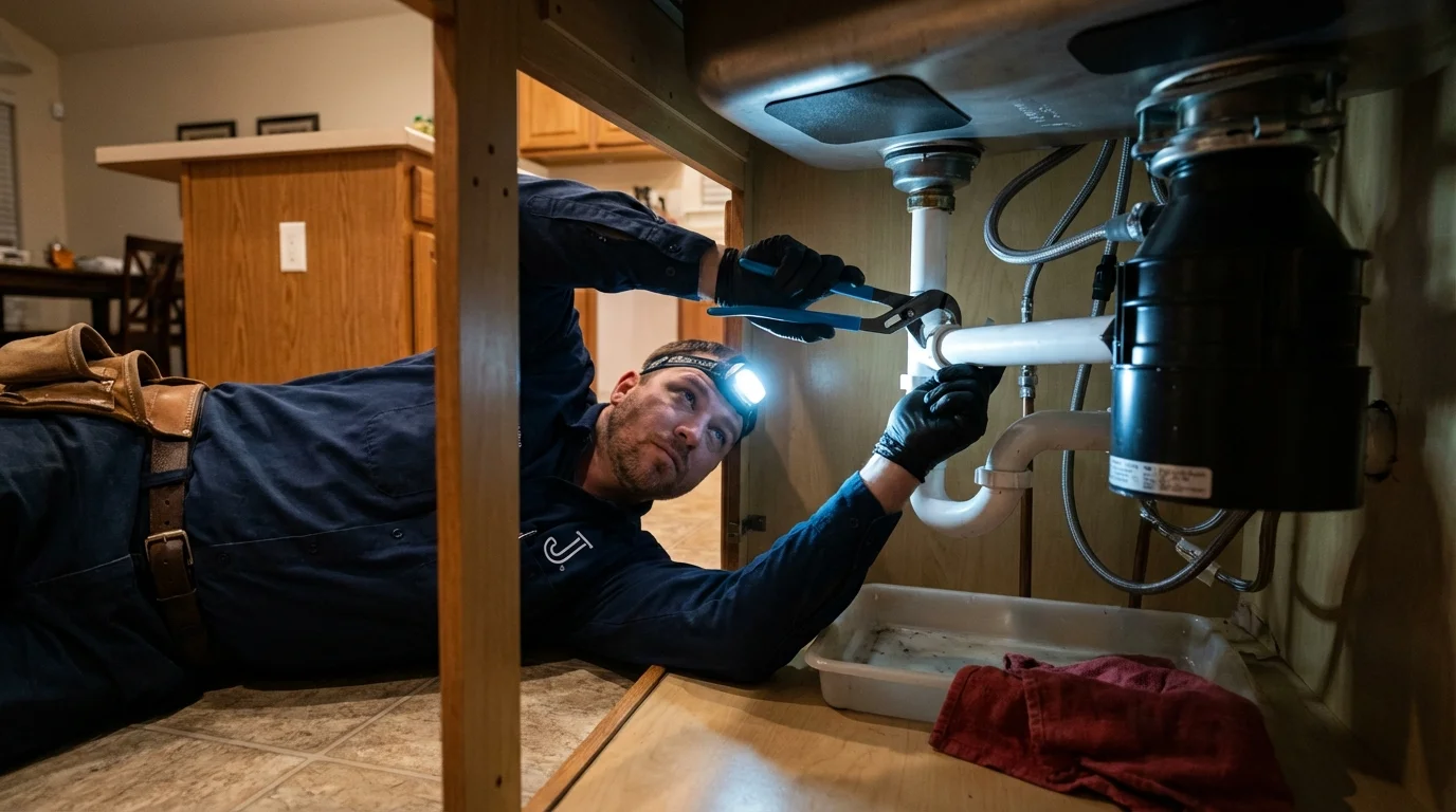 P-trap and supply line connections under a kitchen sink showing a common leak point in Pilot Mountain, NC